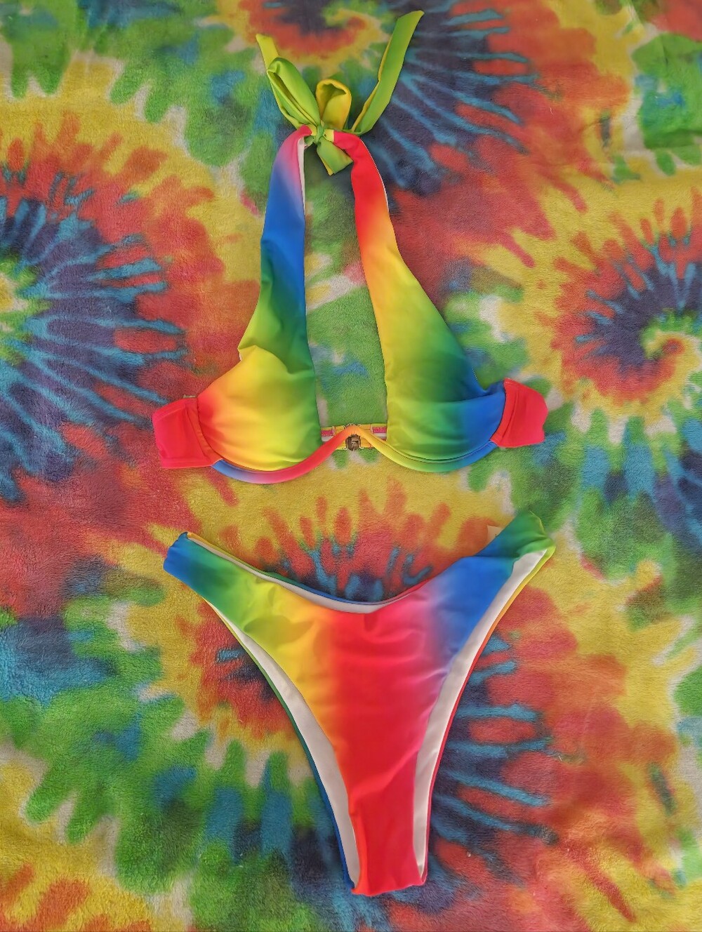 "Skittles" Rainbow Tie-Dye Halter Bikini